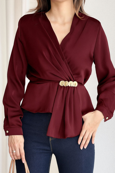 Butik Beyza Uzun Kol Düğme Detaylı Kruvaze Yaka Şık Bluz