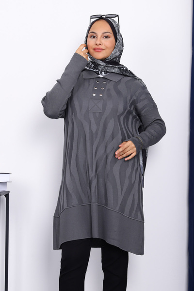 İmajButik Smoked Shirt Collar Cold Yarn Knitwear Tunic