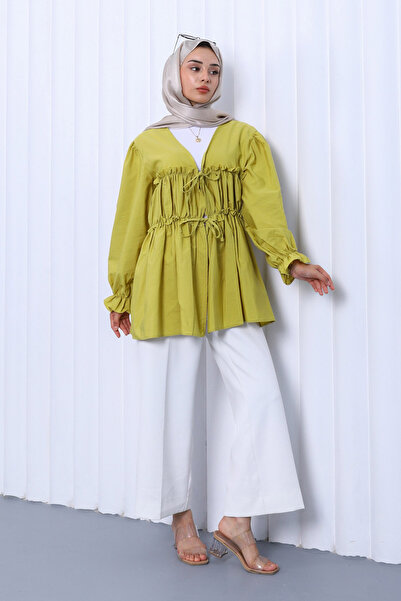 İmajButik Oil Green Pre-Tied Ruffled Kimono