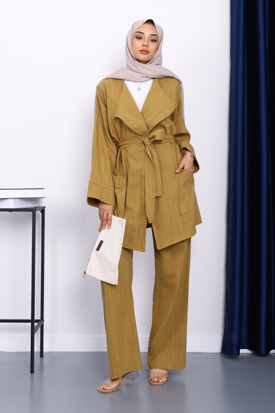 İmajButik Oil Green Waist Belted Linen Kimono Pants Set