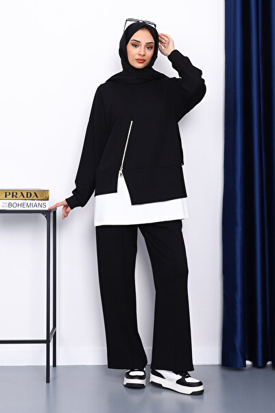 İmajButik Black Zipper Detailed Modal Tunic Trouser Suit