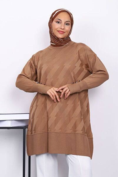 İmajButik Biscuit-Colored Cufflinked Cold-Thread Knit Tunic