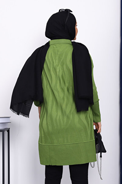 İmajButik Oil Green Shirt Collar Cold Yarn Knitwear Tunic