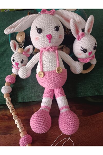 Handmade Amigurumi Tavşan Yenidoğan Seti Uyku Arkadaşı, Çıngırak, Emzik Askısı