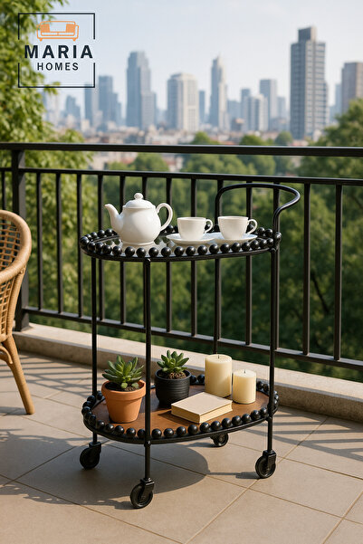 MARIA HOMES Oval Serving Trolley with Wheels – 2-Tier Tea & Coffee Cart 70×40×84 cm