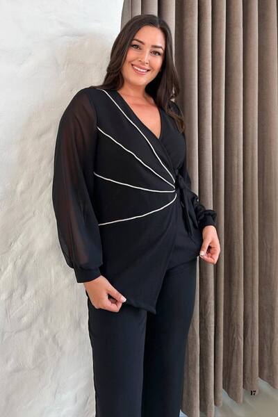 ZISHAN Büyük Beden Beyaz Şeritli Kruvaze Yaka Siyah Abiye Pantolon Takım 027