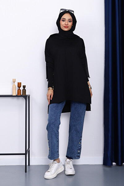 İmajButik Black Sleeve Zippered Cold Thread Knitwear Tunic