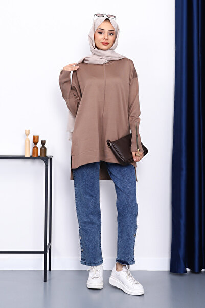 İmajButik Dark Mink Sleeve Zippered Cold Thread Knitwear Tunic
