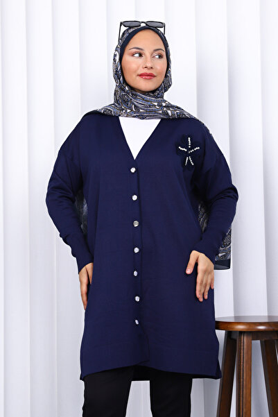 İmajButik Navy Blue Buttoned Cold Yarn Knitwear Cardigan