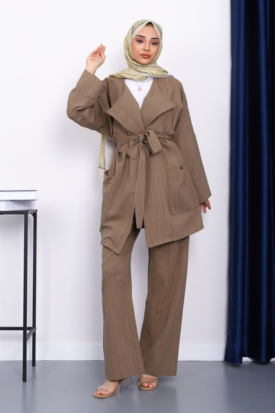 İmajButik Khaki Belted Linen Kimono Pants Set