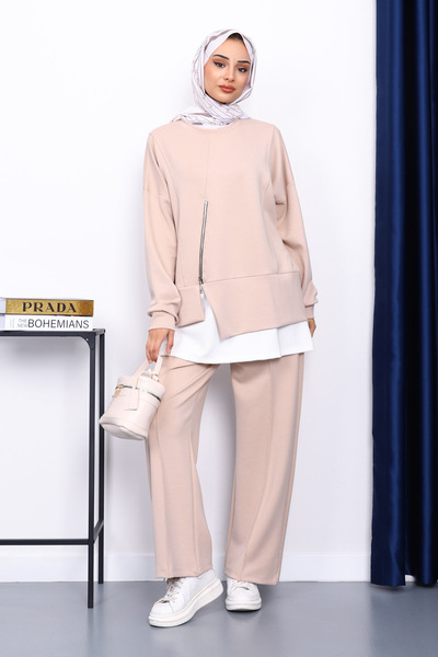 İmajButik Beige Zipper Detailed Modal Tunic Trouser Set