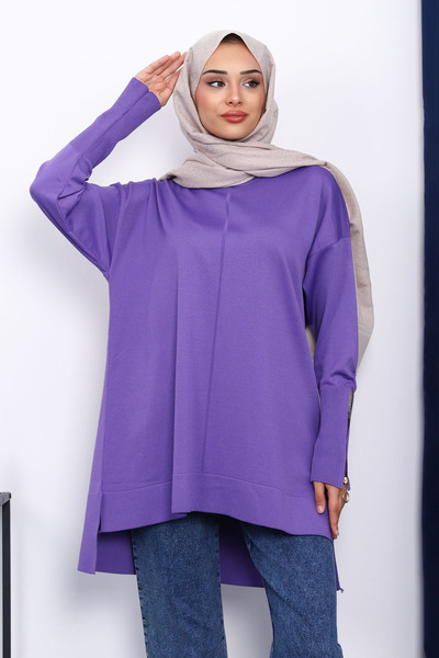 İmajButik Purple Sleeve Zippered Cold Thread Knitwear Tunic