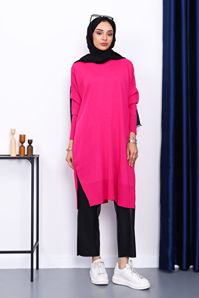 İmajButik Dark Fuchsia Crew Neck Mercerized Loose Knitwear Tunic