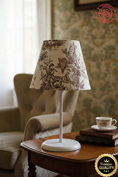 APCASADECOR Vintage Toile de Jouy Desenli Beyaz Ayaklı Abajur Masa Lambası El...