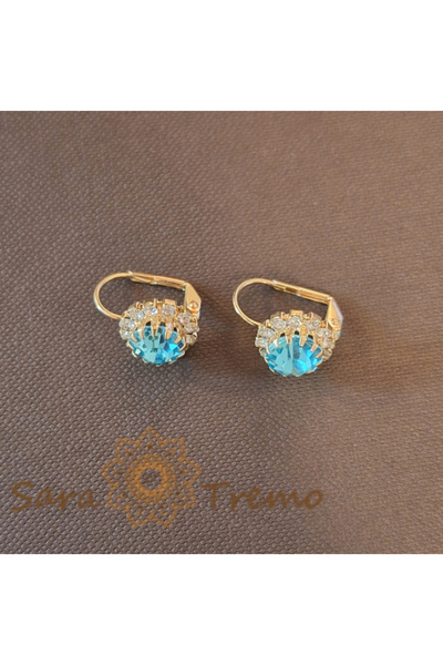 saratremo Classic Gold-Plated Earrings with Blue Zirconia Crystal and White Crystal Flower
