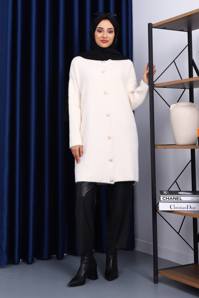 İmajButik Cream Buttoned Angora Soft Knit Cardigan