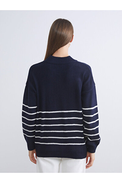 LC Waikiki Синій светр з напіврибальським коміром, смугастий, оверсайз, жіночий трикотажний светр