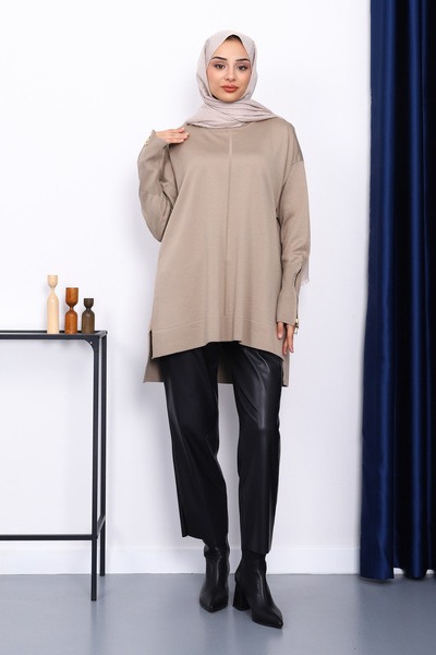 İmajButik Mink Sleeve Zippered Cold Thread Knitwear Tunic