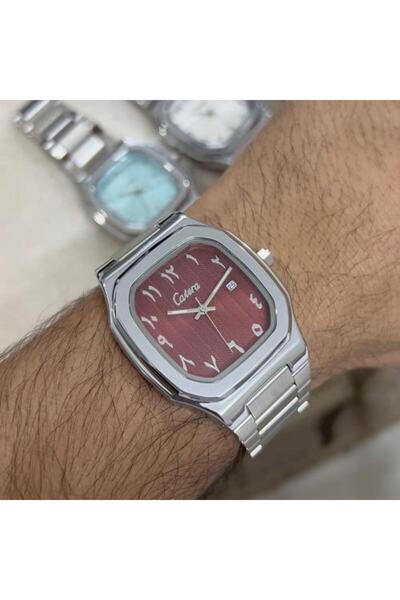 catera Men's silver steel watch with a black dial and Arabic numerals