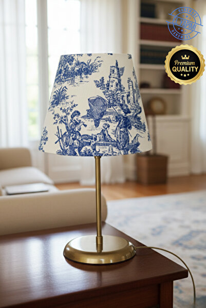 APCASADECOR Vintage Toile de Jouy Desenli Altın Renk Ayaklı Abajur Masa Lamba...