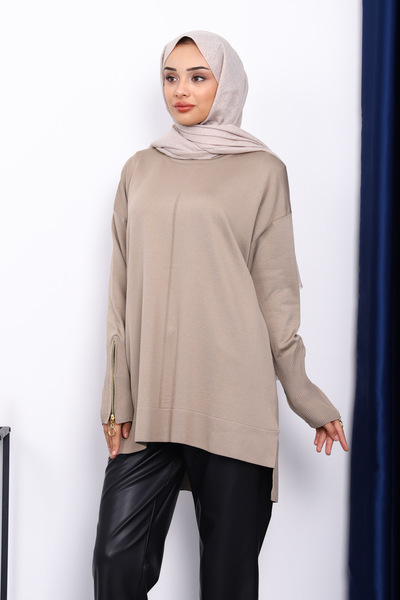 İmajButik Mink Sleeve Zippered Cold Thread Knitwear Tunic