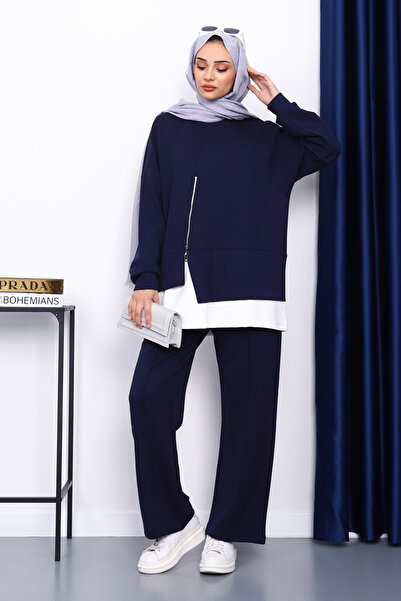 İmajButik Navy Blue Zipper Detailed Modal Tunic Trouser Suit