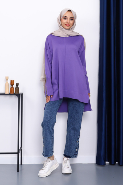 İmajButik Purple Sleeve Zippered Cold Thread Knitwear Tunic