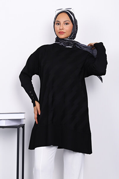 İmajButik Μαύρο πλεκτό τούνικ από κρύο νήμα με μανικετόκουμπα