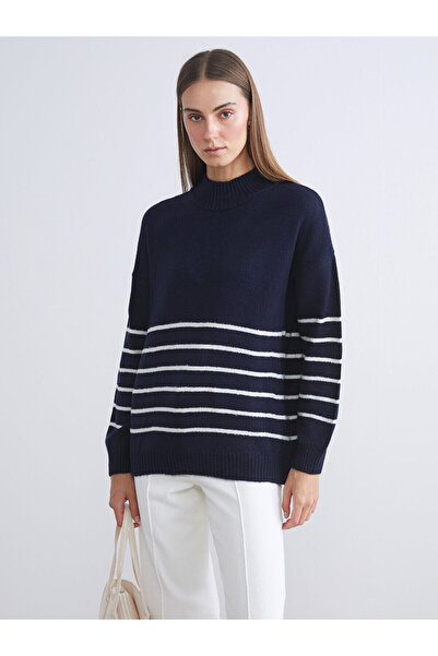 LC Waikiki Синій светр з напіврибальським коміром, смугастий, оверсайз, жіночий трикотажний светр