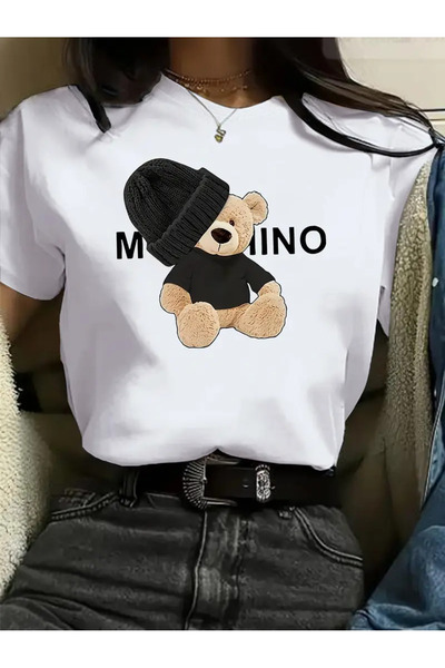 İnazuma Outdoors تي شيرت أبيض بأكمام قصيرة وياقة دائرية مطبوعة من القطن للجنسين، تصميم مورينو أيس تيك أسود