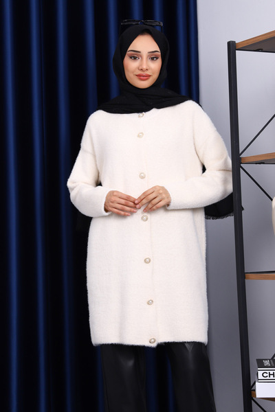 İmajButik Cream Buttoned Angora Soft Knit Cardigan