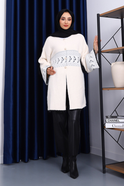 İmajButik Cream Patterned Angora Soft Knit Cardigan