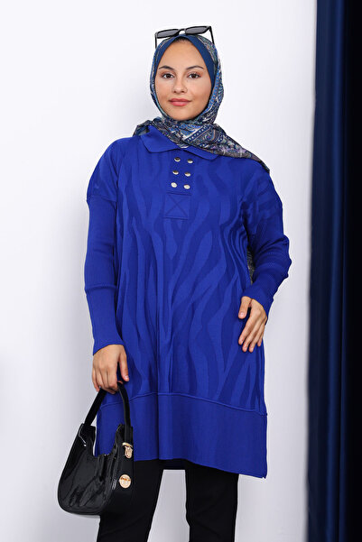 İmajButik Saks Blue Shirt Collar Cold Yarn Knitwear Tunic