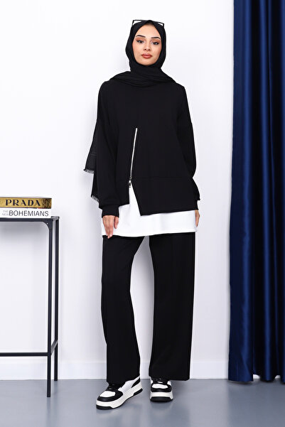 İmajButik Black Zipper Detailed Modal Tunic Trouser Suit