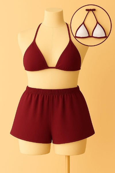 The LOG INVEST Women's Burgundy Shorts Waist and Neck Tie Bikini Set