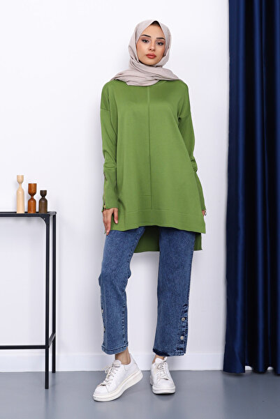 İmajButik Oil Green Sleeve Zippered Cold Thread Knitwear Tunic