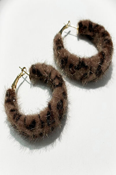 DM AKSESUAR Leopar Desenli Tüylü Halka Küpe