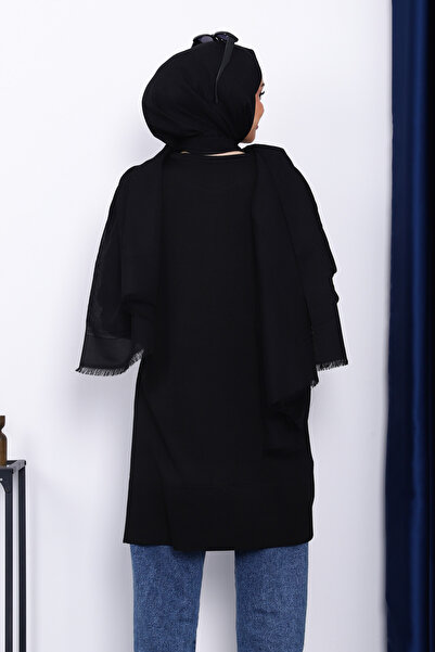 İmajButik Black Sleeve Zippered Cold Thread Knitwear Tunic