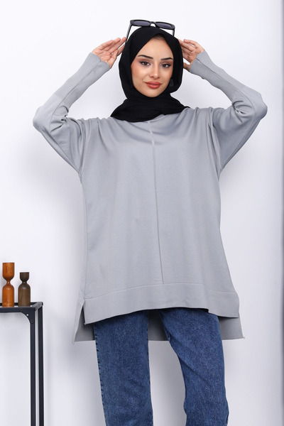 İmajButik Gray Sleeve Zippered Cold Thread Knitwear Tunic