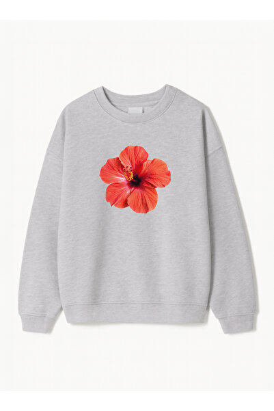 Disante Hanorac unisex oversize cu imprimeu roșu hibiscus – decolteu crew, fl...