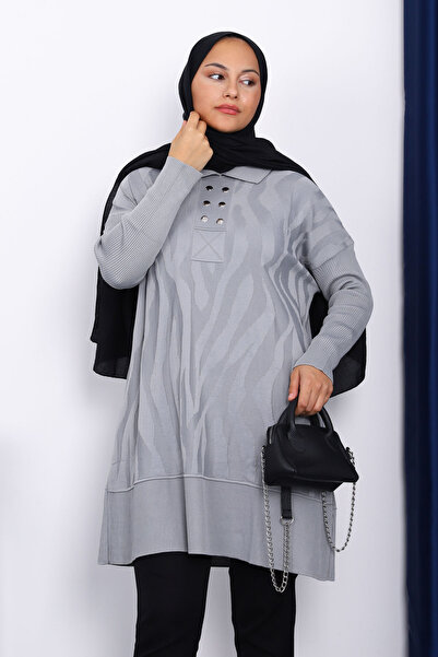 İmajButik Gray Shirt Collar Cold Yarn Knitwear Tunic