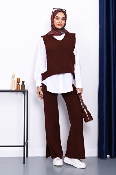 İmajButik Burgundy Shirt Three-Piece Knitwear Set