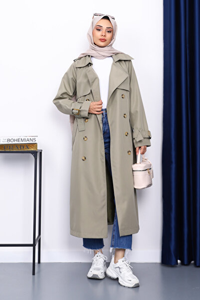 İmajButik Khaki Kravuze Collared Belted Trench Coat