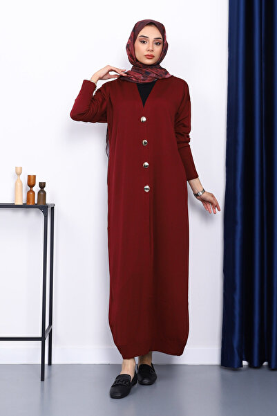 İmajButik Burgundy V-Neck Mercerized Cardigan