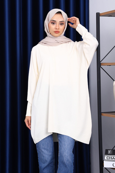 İmajButik Beige Crew Neck Mercerized Cold Yarn Tunic