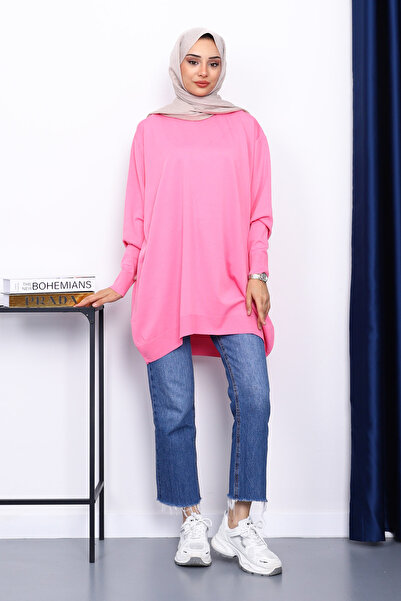 İmajButik Pink Crew Neck Mercerized Cold Yarn Tunic