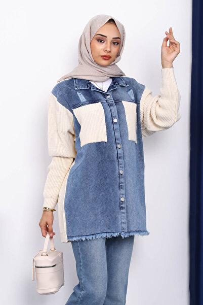 İmajButik Πλεκτή Ζακέτα με Κρεμ τζιν γαρνιτούρα