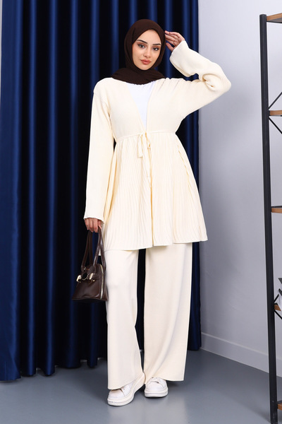 İmajButik Cream Belted Cardigan Trouser Set