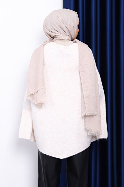İmajButik Cream Belted Striped Knitwear Poncho