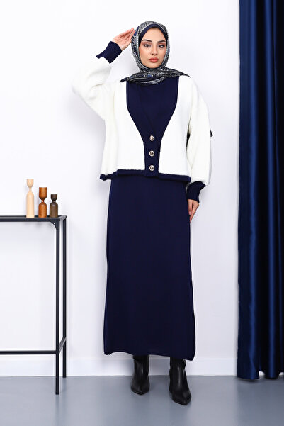 İmajButik Σετ δύο τεμαχίων με πλεκτό φόρεμα με κουμπιά σε μπλε ναυτικό χρώμα